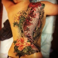 Amazing large japanese flowers and koi fish tattoo on back