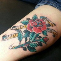 American classic word tattoo with rose on arm