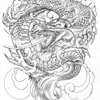 Angry grey-ink dragon in clouds tattoo design