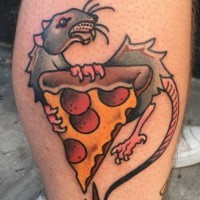 Animated colorful rodent with cheese tattoo on shin