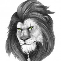 Animated green-eyes lion portrait tattoo design by Grzadziela
