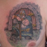 Animated old Viking warrior-guarder with axe tattoo on chest