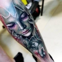Art style colored broken glass tattoo stylized with beautiful woman portrait