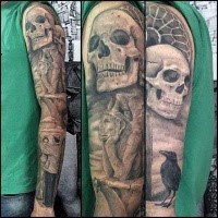 Art style detailed looking sleeve tattoo of gargoyle statue with skull and human couple