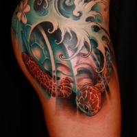 Asian style sea turtle tattoo on hip