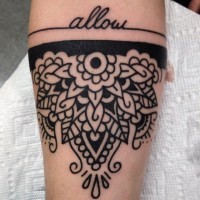 Awesome black-ink flower with allow quote tattoo on forearm