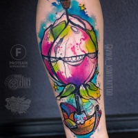 Awesome cartoon watercolor tattoo on leg