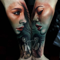 Awesome colorful Double forearm with two women