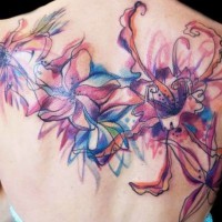 Awesome colorful abstract exotic flowers tattoo on back