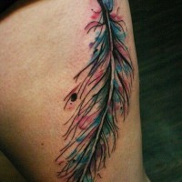 meravigliosa piuma colorata tatuaggio su coscia