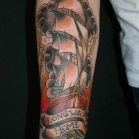 Awesome mens old school ship with ribboned lettering tattoo on forearm