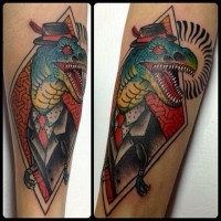 Awesome multicolored gentleman animal dinosaur tattoo on arm