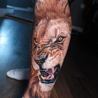 Awesome realstic lion tattoo on leg
