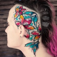 Awesome watercolor flowers tattoo on head