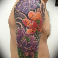 Beautiful colorful lotus flower tattoo for men on upper arm