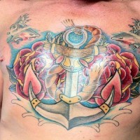 Beautiful old school anchor with red roses and sharks tattoo for guys on chest