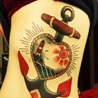 Beautiful old school anchor with shining heart tattoo on rib-side