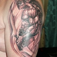 Beefy warrior with two-sided sword tattoo on shoulder