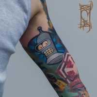 Bender cartoon tattoo on inner arm