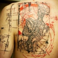 Big colored scapular tattoo of human skeleton with lettering