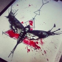 Black-and-red watercolor moth on geometric drawing background tattoo design