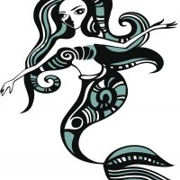 Black-and-turquoise stylized patterned mermaid tattoo design