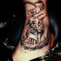 Black-and-white anchor with lettering tattoo for guys on foot