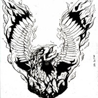 Black-and-white burning phoenix tattoo design by Nick Mockoviak
