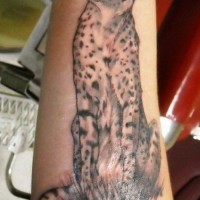 Black-and-white cheetah sitting on grass tattoo on arm