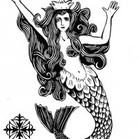 Black-and-white crowned mermaid flirting with Jack Sparrow tattoo ...