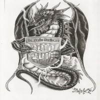Black-and-white dragon keeping quoted coat of arms tattoo design by Crimeskull