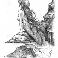 Black-and-white drowing mermaid looking out of rocks tattoo design
