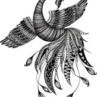 Black-and-white folk-stylized phoenix bird tattoo design