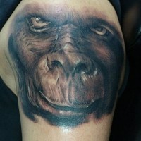 Black-and-white gorilla muzzle tattoo on upper arm