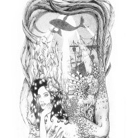 Black-and-white mermaid dreaming on ocean bottom tattoo design