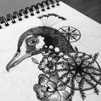Black-and-white peacock portrait with flowers tattoo design
