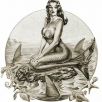 Black-and-white pin up mermaid sitting on rock tattoo design