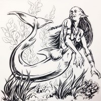 Black-and-white surprised mermaid diving on sea bottom tattoo design