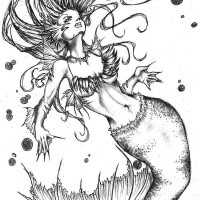 Black-and-white unselfconscious mermaid among black spots tattoo design