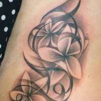 Black-ink jasmine flowers with abstract lines tattoo on side