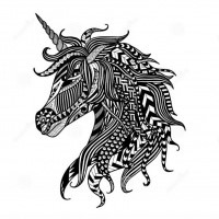 Black-ink rich-ornamented unicorn head in profile tattoo design