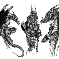Black dangerous dragon in three different poses tattoo design