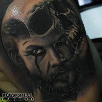 Black grey portrait viking with skull tattoo by Eduvertikal