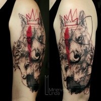Black red wolf tattoo on shoulder by Minervas Linda