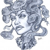Blue-ink pragmatic medusa gorgona portrait tattoo design