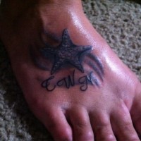 Blue starfish in waves with letters tattoo on foot