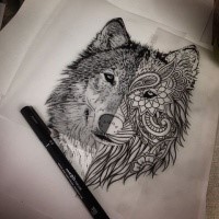 Bonny half-ornamented wolf head tattoo design