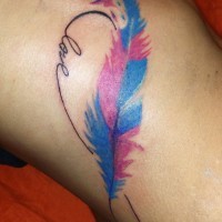 Bright colorful feather tattoo on rib-side