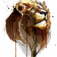 Cartoon green-eyed lion in smudges tattoo design