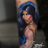 Cartoon like colored leg tattoo of Nickey Minaj